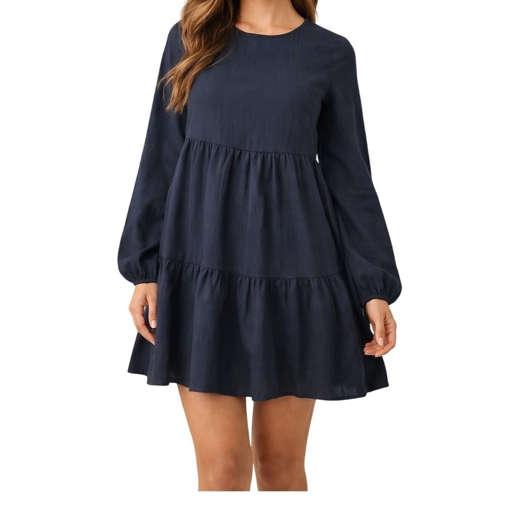 Navy Blue Tiered Babydoll Mini Dress Long Sleeve Textured Stripe Size M 6
